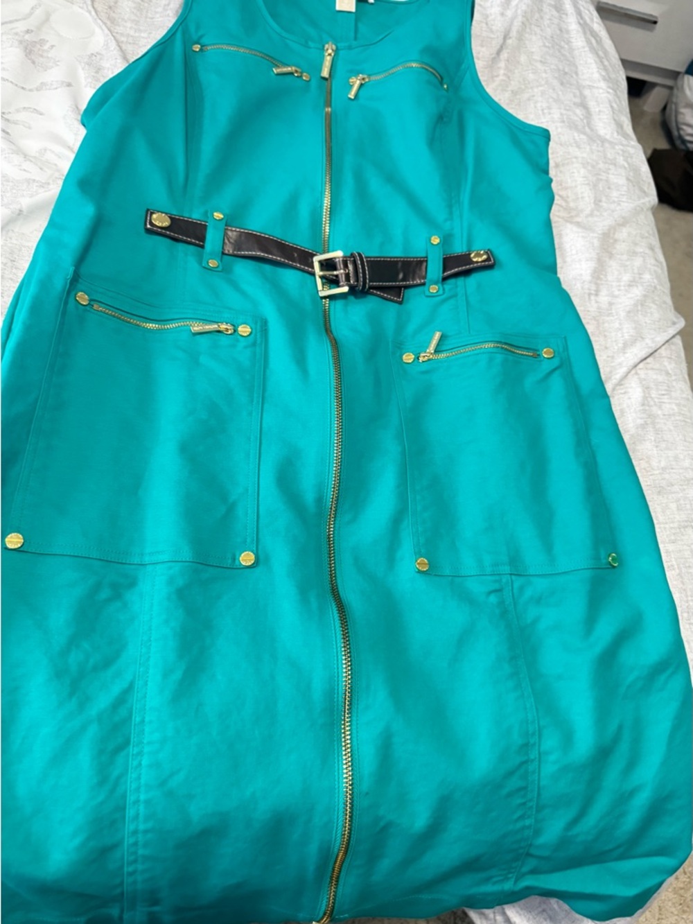 Michael Kors Teal Dress with Dark Brown Belt and Gold Hardware